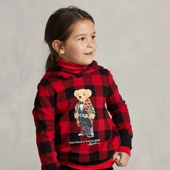 Polo Ralph Lauren Polo Bear Fleece Red Black Check Hoodie Sweatshirt - Picture 2 of 11